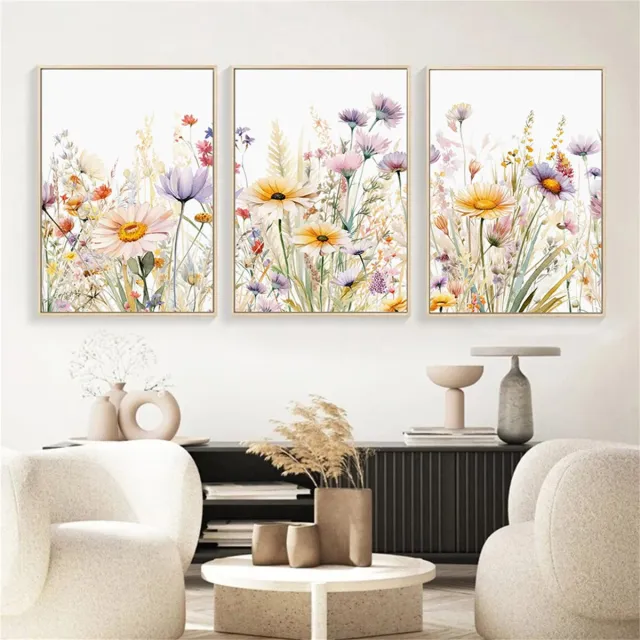Unyqoos Drie-delige set canvas kunstdrukken met madeliefjes voor stijlvolle muurdecoratie bloemen