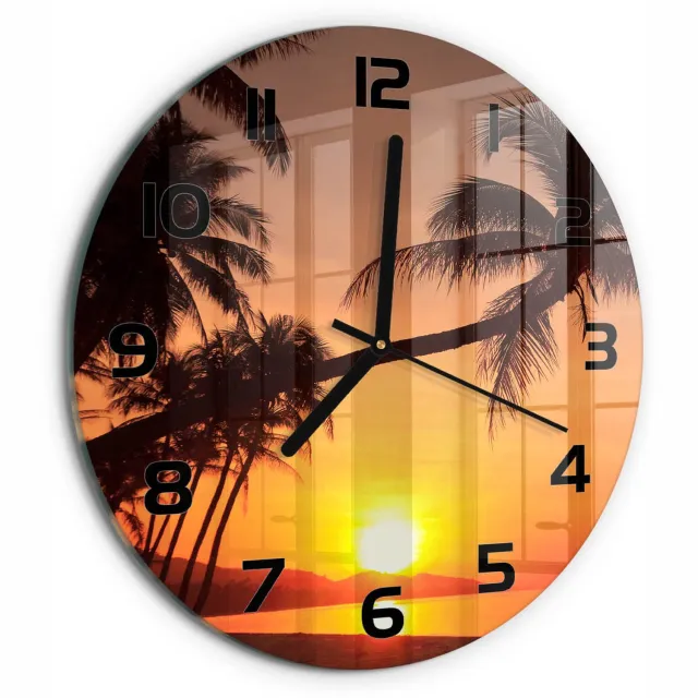 TULUP Wandklok - Zonsondergangstrand Glazen Klok Met Print - fi30 cm - Oranje Wandklok Glas Met Motief - Zwarte handen - Ronde Klok - Wandklok Glas Decoratie - Gekleurde Glazen Klok