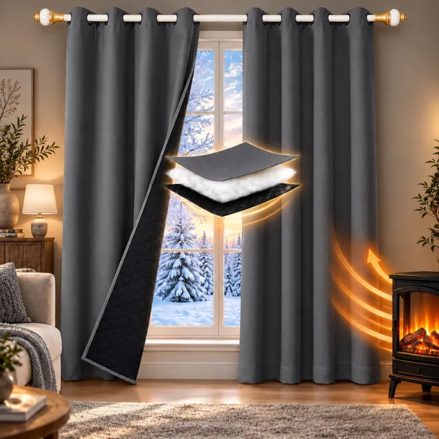 Qelus Set van 2 Gewatteerd Polyester Gordijn met Ringen - Grijs - 132 x 160 cm - 3-laags Thermisch, Geluidsdempend en Lichtwerend - Zwarte Voering - Voor de Slaapkamer, Woonkamer en Binnendeuren