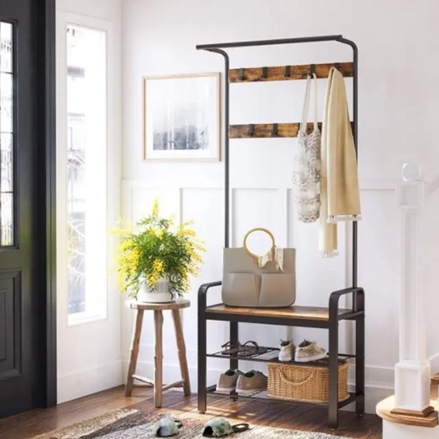 MAZAZU Kapstok met Schoenenrek - Staande Kapstok - Industrieel - Bruin/Zwart - 72x33,7x183 cm