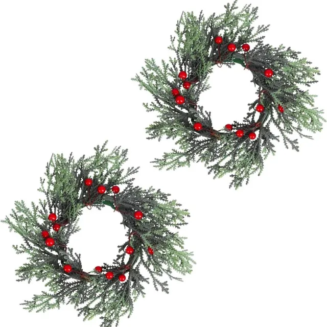 Cosensi Mini kerstkaarskransen met rode bessen en dennentakken voor Xmas Kandelaar - Set van 2 - Decoratieve kerstkransen voor eettafeldecoratie tijdens de feestdagen Any