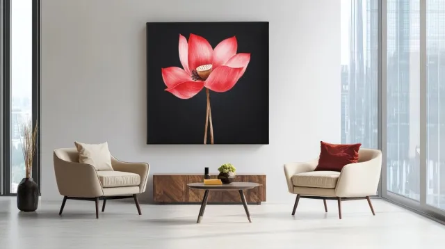 Trendex Global Vierkant Canvas Schilderij - Rode Lotus Bloem - Woonkamer - Slaapkamer - Moderne Kunst - 60x60 cm Rood