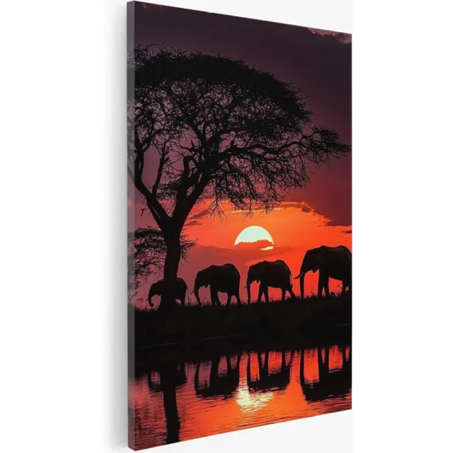 Saammp Canvas Schilderij - Olifanten in afrika - Silhouet - Natuur - Dieren - 40x60 - Foto op canvas - Wanddecoratie - Muurdecoratie Woonkamer - Slaapkamer decoratie - Canvas Print Multicolor