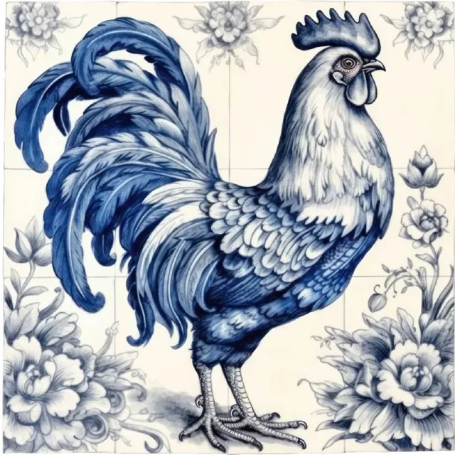 Tegelsticker Delfts Blauw met haan. Voor badkamer, keuken en toilet. Uniek design, nergens anders verkrijgbaar. Gemaakt van vinylfolie. Eenvoudig aanbrengen en verwijderen. blauw en wit
