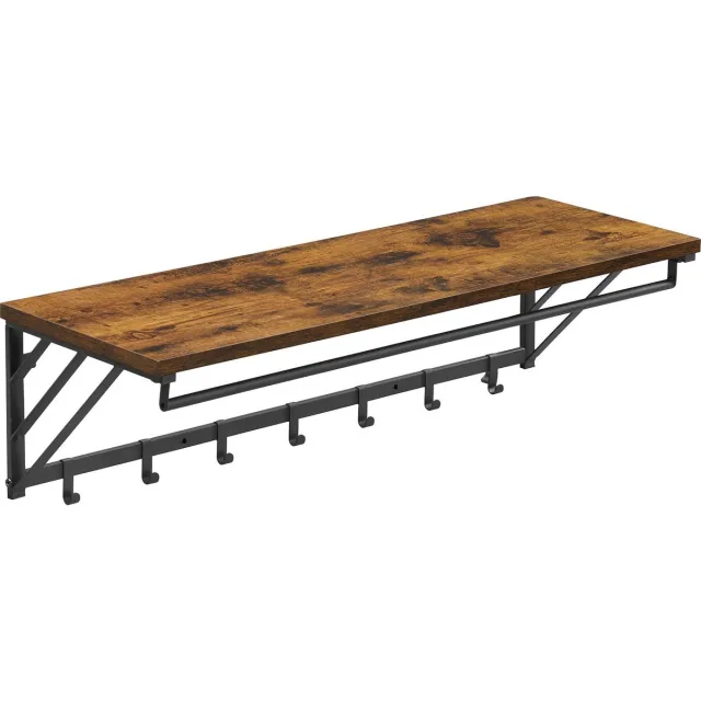 Acaza Kapstok - Wandkapstok - Kapstok Hangend - 90 x 30 x 26.2 cm - 7 Haken met Plank en Kledingstang - Bruin Zwart Vintage bruin