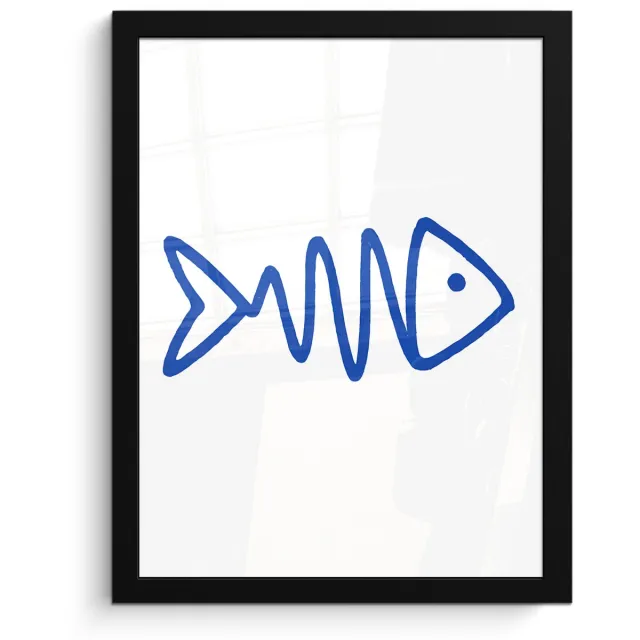 FrameYourWall Poster in lijst - Fotolijst 30x40 cm - Posters - Vis - Minimalistisch - Blauw - Lijn - Posterlijst zwart - Decoratie - Wanddecoratie woonkamer - Muurdecoratie slaapkamer Vis - Lijnen