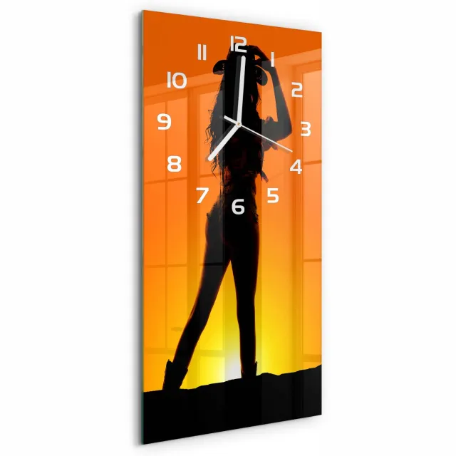 TULUP Wandklok - Silhouet van een cowgirl Glazen Klok Met Print - 30x60 cm - Oranje Wandklok Glas Met Motief - Witte handen - Rechthoekige Klok - Wandklok Glas Decoratie - Gekleurde Glazen Klok