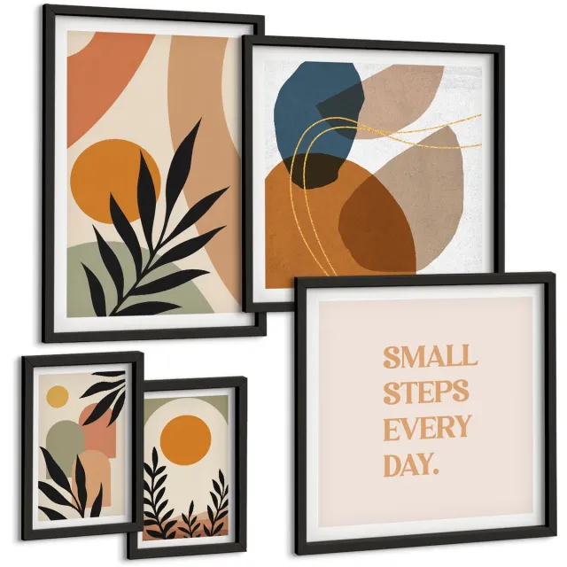 Coloray 5-Delige Schilderij Set - Stijlvolle Afbeeldingen Met Plantmotieven En Abstracte Vormen. - 50 x 50 cm, 20 x 30 cm En 40 x 60 cm - Muurdecoratie - Schilderijen Set - Woonkamer - Stijlvolle Muurdecoratie Zwarte lijst