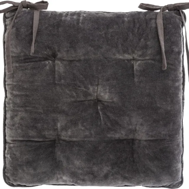 Atmosphera Deluxe Stoelkussen Velvet 38x38x8cm met lintjes - Donkergrijs