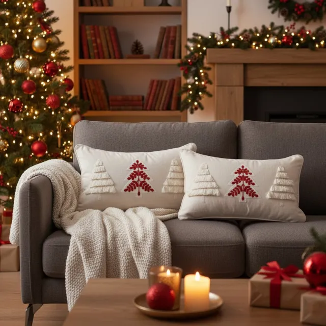 Urbane Hide Kerstkussen Set van 2 Kussenhoezen Geborduurd met Bies en Bomenmotief - Rechthoekige Kussenhoesjes voor Kerst - Kerstkussens Scandinavisch Design - 30x50 cm - Katoen/Linnen Kussenhoes - Rood/Wit - Zonder Binnenkussen Rode Kerstboom