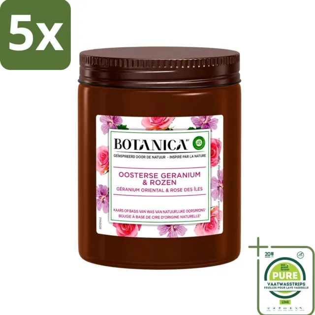 Air Wick 5 x Botanica by Air Wick - Geurkaars - Geranium & Rozen - 40 Uur Brandduur - Grootverpakking - Vaatwasstrips - Geurkaars - Geranium En Rozen - 40 Uur Branden - Natuurlijke Geur - Bloemige Geur Wit