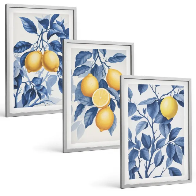 Coloray 3-Delige Schilderij Set - Citroenen Aan Takken Met Blauwe Bladeren - 40 x 60 cm - Muurdecoratie - Interieur Decoratie - Woonkamer Decoratie Zilveren lijst