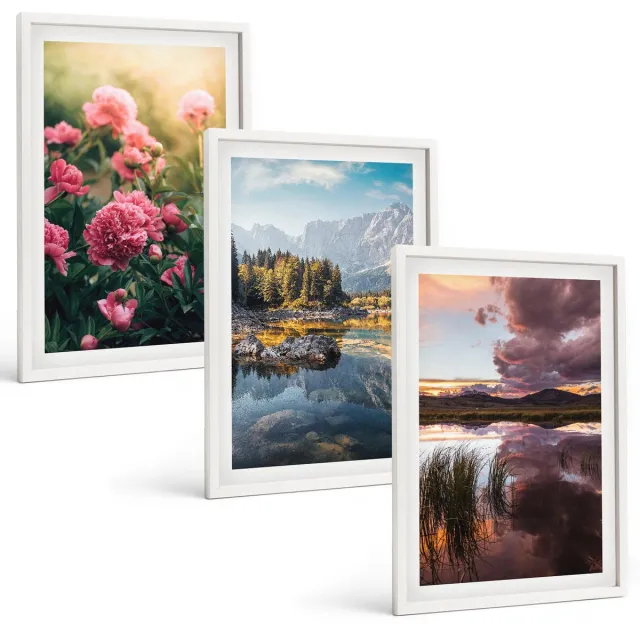 Coloray 3-Delige Schilderij Set - Bloemen In De Tuin, Bergen En Een Kalm Wateroppervlak. - 40 x 60 - Wanddecoratie - Muurdecoratie - Woonkamer - Interieur Decoratie Witte lijst