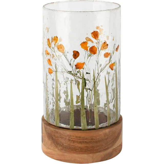 dekoratief Theelichthouder 'Meadow Poppy', glas/hout, 13x13x23cm | A268133 transparant