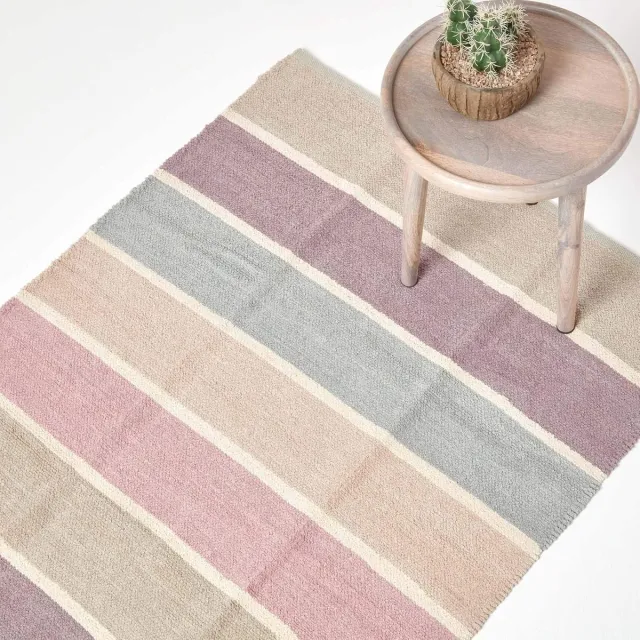 Homescapes 100% katoenen gestreept chenille vloerkleed in pastelkleuren, 90 x 150 cm Blauw, Beige, Paars, Grijs, Natuurlijk