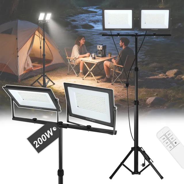 Froadp LED-schijnwerper 2×200 W dubbele LED, bouwplaatslamp, aluminium behuizing, werklamp, schijnwerper, dimbaar, met in hoogte verstelbaar statief en afstandsbediening zwart