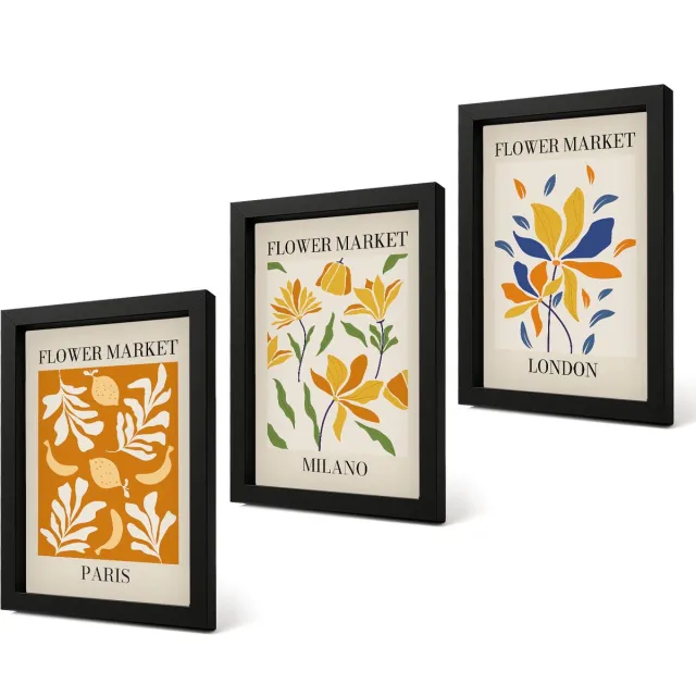 Coloray 4-Delige Schilderij Set - Bloemenposters Parijs Milaan Londen - 20 x 30 cm - Stijlvolle Wanddecoratie - Interieur - Stijlvolle Muurdecoratie Zwarte lijst