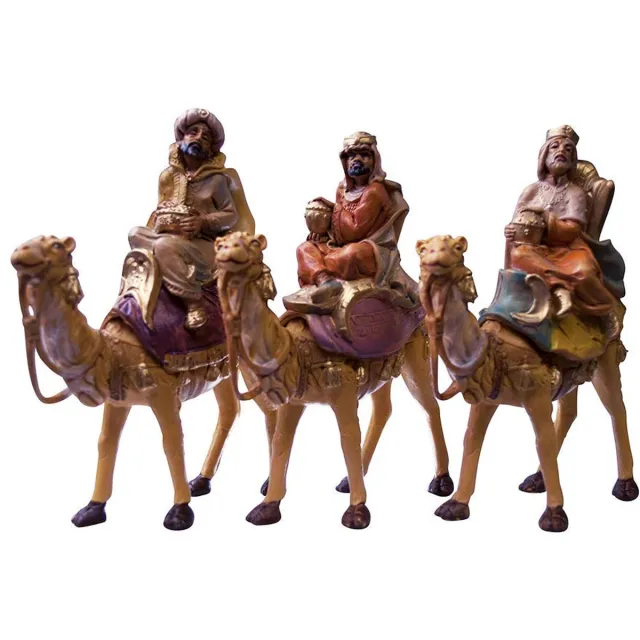 Famanu Traditionele kerststal van 12,7 cm met drie wijzen, handgeschilderd en gemaakt in Italië, decoratieve kerstfiguren met kamelen Zwart