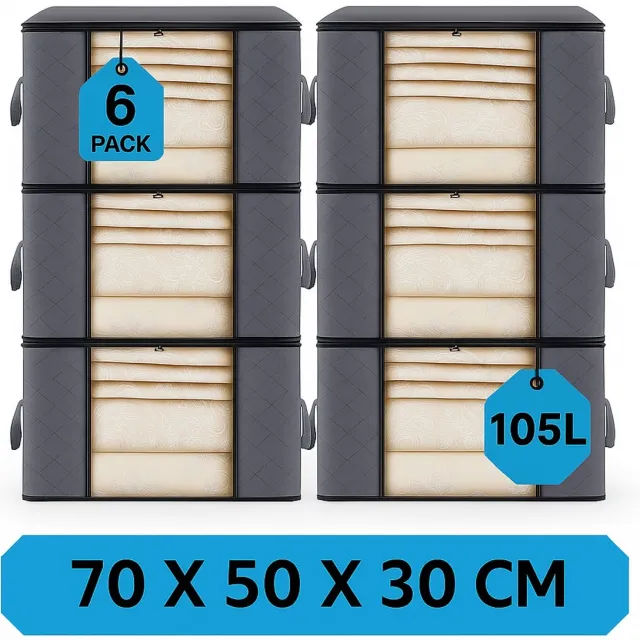 MeubelsvanJoep 6 stuks grote opbergdozen 105 liter, opbergdoos met deksel, versterkte handgreep, kleding, opbergtas, kledingdoos, verhuisdozen voor kleding, jurken, beddengoed, grijs 6 zakken (Grijs)