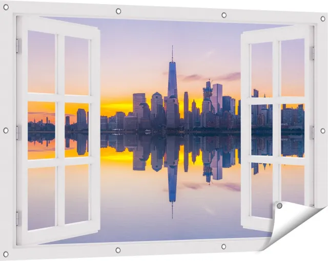 Gards Tuinposter Doorkijk New York Skyline bij Zonsopgang - 120x80 cm - Tuindoek - Tuindecoratie - Wanddecoratie buiten - Tuinschilderij Wit
