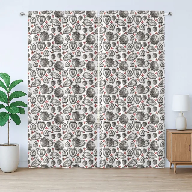 ABAKUHAUS Aardbeien Rustiek Gordijn, Schetsmatig Handgetekend Fruit, met Bandjes met Lussen en Haken, 280 x 225 cm, Grijs Vermiljoen en Wit