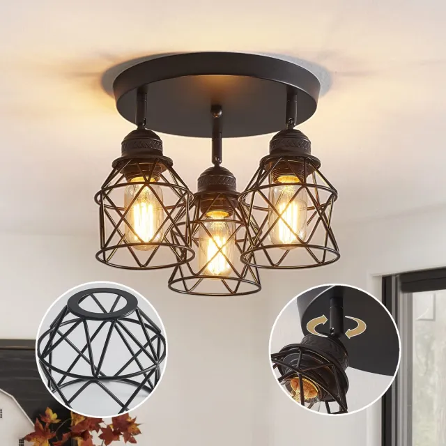 Rosnek Zwarte Plafondlamp - 360° Draaibaar - Retro-Industriële Stijl - IJzeren Kooi Plafonniere met E27 - Geschikt voor Keuken, Gang, Eetkamer, Boerderij - Zonder Lampen