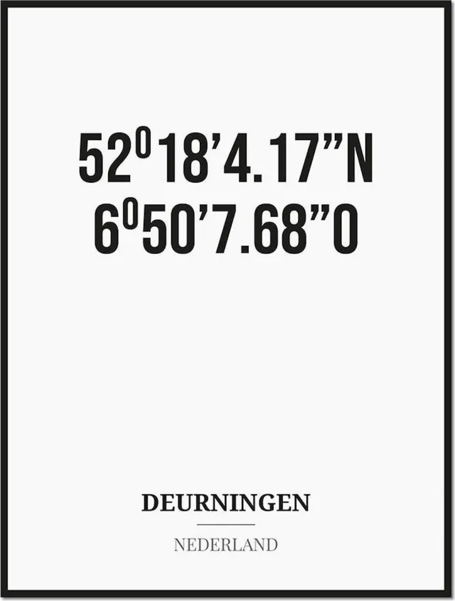 Studio216 Poster/kaart DEURNINGEN met coördinaten zwart, wit
