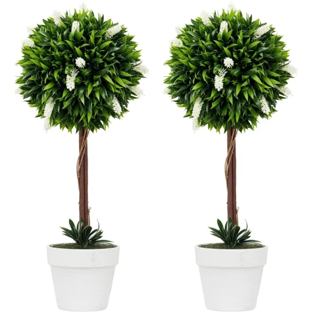 ZYLARO Kunstlavendelbomen - Set van 2 - 60 cm hoog - Inclusief pot en kunstmos - Wit