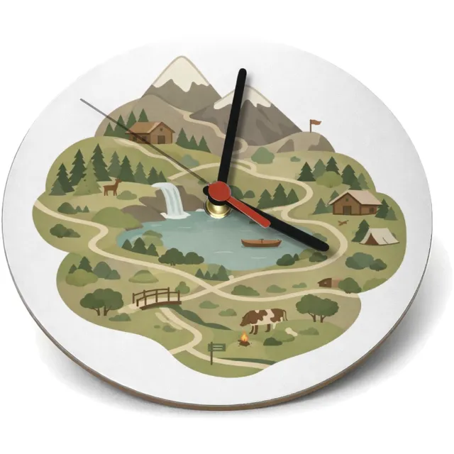 Mr Cadeautjes Klok rond Ø 19 - design Een gestileerde bergregio met wandelroutes, hutten en kleine | cadeau Wit