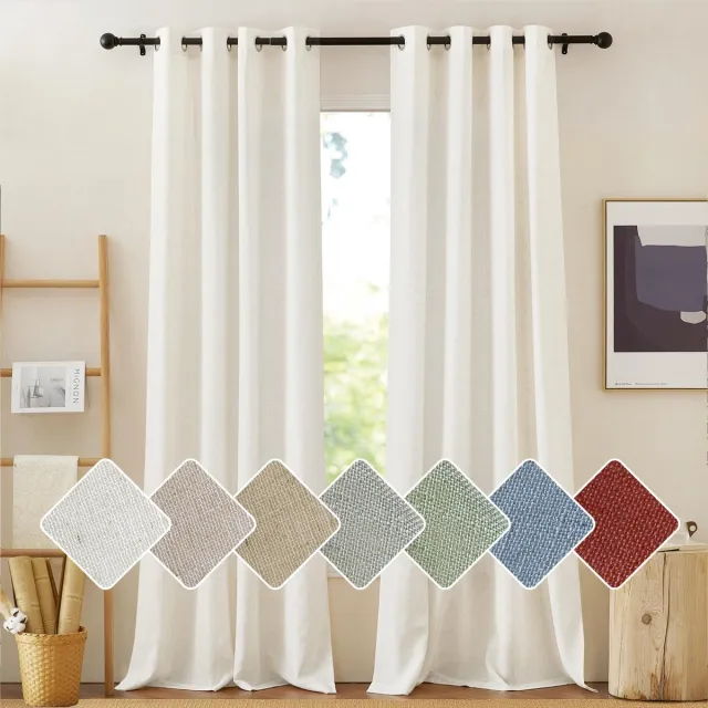 Ibenzoa Set van Twee Crème Linnenlook Gordijnen met Inslagringen – 245 x 140 cm Beige