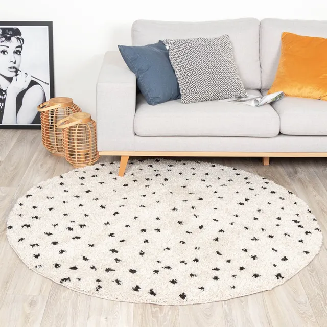Fraai Rond hoogpolig vloerkleed - Grand Dots Creme/Zwart- Ø 180cm Crème