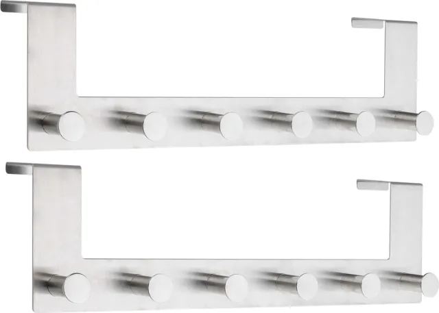 Hi Deurkapstok - Set van 2x stuks - 39 cm - RVS - 39 cm - rek met 6 ophanghaken - Handdoekenrek met haken voor aan de deur Zilver