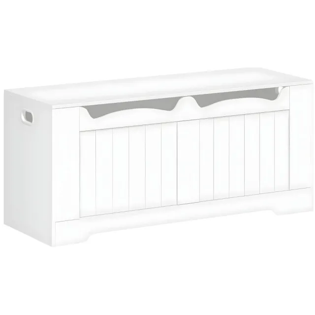 Happiq Opbergbank – Voor Hal & Entree – Bank met Opbergruimte, 2 Veiligheidsscharnieren en Opbergkast – 110 cm – Wit White