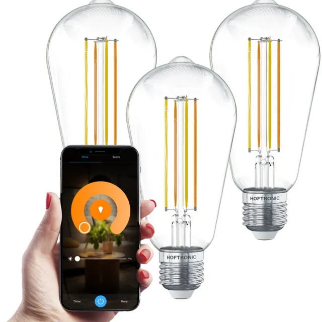 HOFTRONIC Set van 3 Smart E27 LED Filament Lampen - 7 Watt 806 lumen - ST64 Helder - 1800-3000K - Dimbaar - Edison lamp