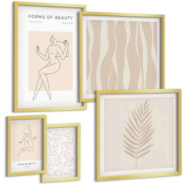 TULUP 5-Delige Schilderij Set - Stijlvolle graphics met vrouwelijke silhouetten en plantmotieven. - 50 x 50 cm, 20 x 30 cm en 40 x 60 cm - Schilderijen Set - Wanddecoratie - Woonkamer Gouden lijst