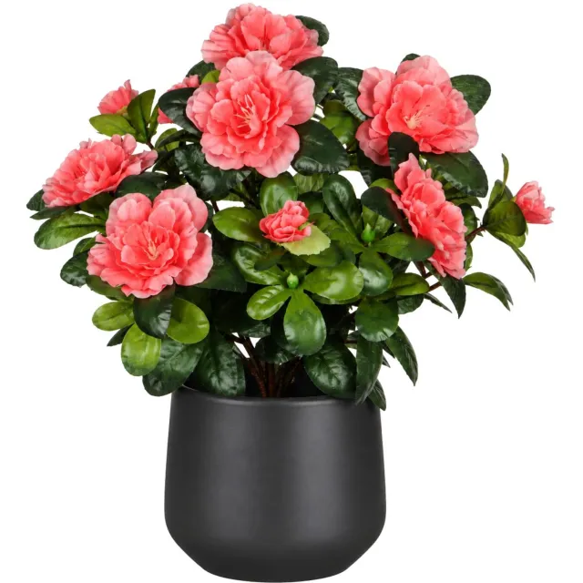Mica Decorations Kunstplant - Azalea roze - H27 cm - in antraciet bloempot - keramiek - complete set van pot en plant - decoratie stuk