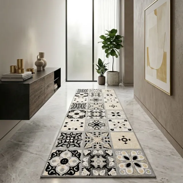 Floordirekt Tapijtloper Dublin - Fijn Lussen Tapijt met Patroon - Loper voor Keuken, Hal & Woonkamer - Antislip & Antistatisch - Keukenloper - 80 x 300 cm Grijs