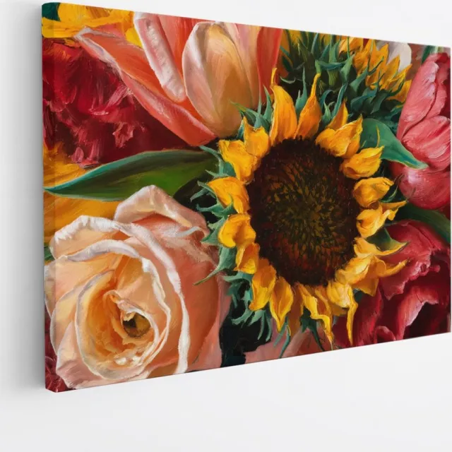 Saammp Canvas Schilderij - Kleurrijk Bloemenboeket - Natuur - Botanisch - 60x40 - Foto op canvas - Wanddecoratie - Muurdecoratie Woonkamer - Kantoor Decoratie Multicolor