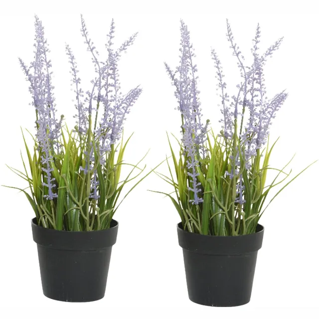 Everlands Lavendel kunstplant in pot - 2x - lila paars - D15 x H30 cm