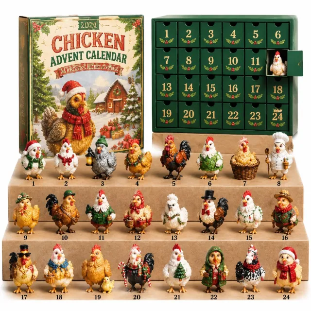SWGOTA Adventskalender 2026 met 24 kersthangers van acryl, kipthema, platte decoraties in kartonnen doos Meerkleurig