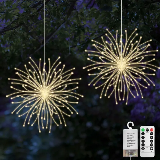 Huttutu Tuinverlichting - Kroonluchter - 200 LED Vuurwerklampen - 8 Modi - Dimbaar - Met Afstandsbediening - Waterdichte Koperdraad - Voor Bruiloft, Kerstmis en Binnen/Buiten Decoratie - 2 stuks Warm licht