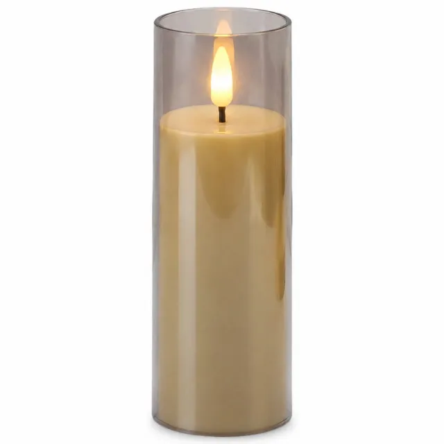 SWGOTA led kaarsen, 5 x 15 cm, warm LED-vlamlicht, grijs glas met rechte rand, 12 stuks per displaydoos