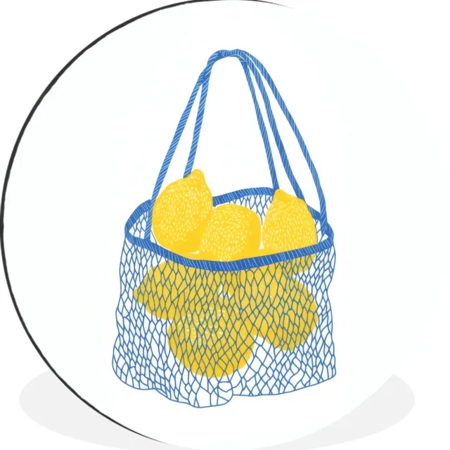 WallCircle Wandcirkel - Muurcirkel - Tas - Blauw - Citroenen - Illustratie - Aluminium - Dibond - 90x90 cm - Binnen en Buiten Tas - Citroenen