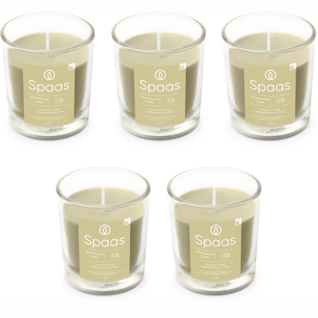 Spaas Geurkaars in glas - Set van 5 kaarsen - Vanille en Muskus - circa 25u - Shimmering Smile Beige