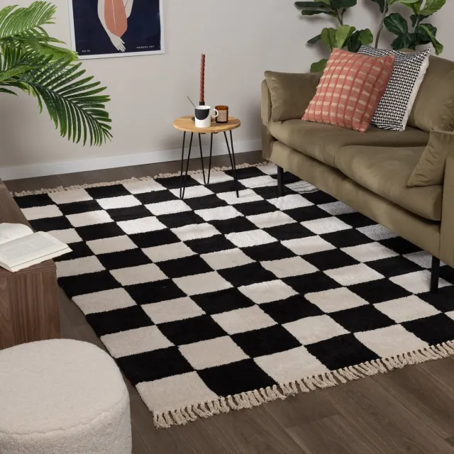 Fraai Checkerboard vloerkleed - Blox Fringe Zwart/Wit - 120x170cm