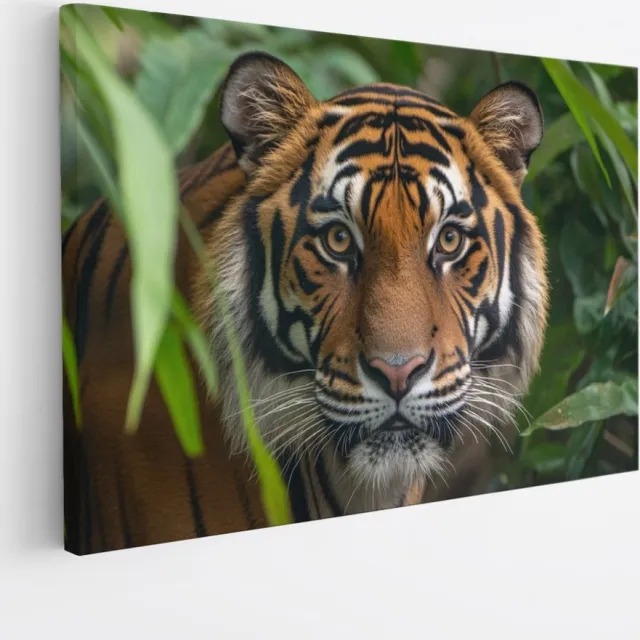 Saammp Canvas Schilderij - Jonge Tijger tussen de bladeren - Natuur - Dieren - 40x30 - Foto op canvas - Wanddecoratie - muurdecoratie Woonkamer - Slaapkamer decoratie - Canvas Print Multicolor