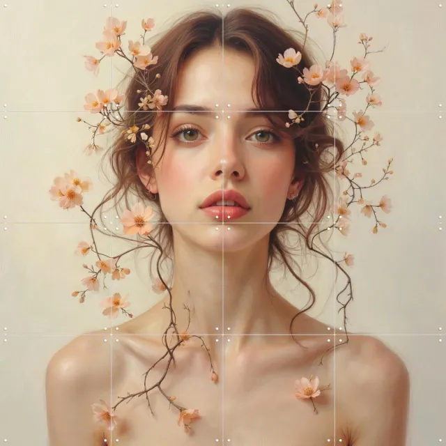 IXXI Blooming Under Her Gaze, IXXI Studio - 80 x 80 cm - Grote wanddecoratie en posters - Fantasierijk, Surrealisme, Slaapkamer, Woonkamer, Mensen Beige / Roze