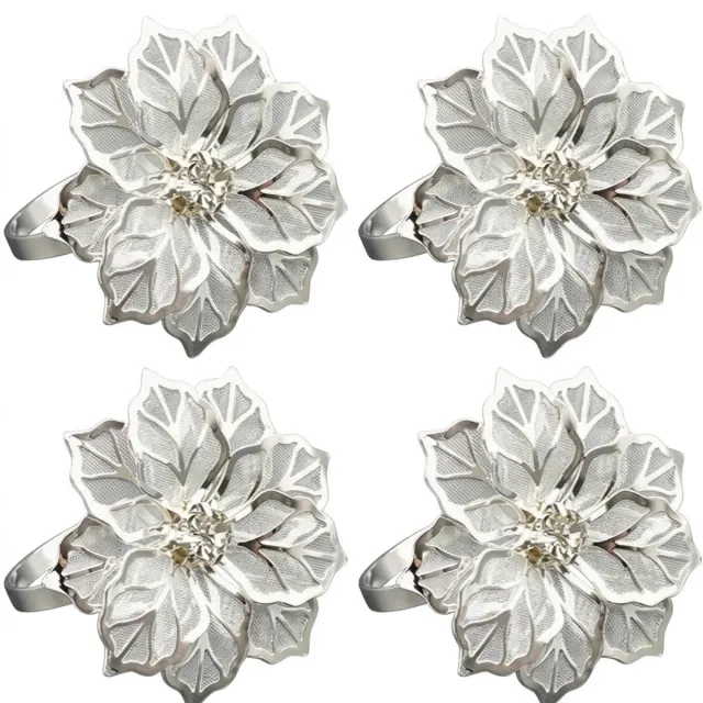 NUVEX Zilverkleurige servetringen set van 4 – servethouder ringen met bloem ontwerp – decoratieve metalen servet houders met bloemdetail – tafelaccessoires voor diner feest bruiloft en tafeldecoratie Zilverkleurige - 4 stuks