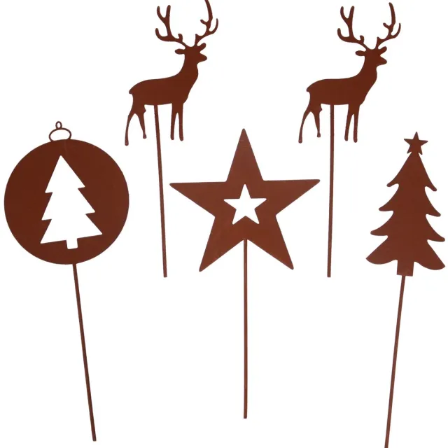 UNUS Tuinsteker kerst set van 5 kerstversiering tuindecoratie buiten hert dennenboom ster roest