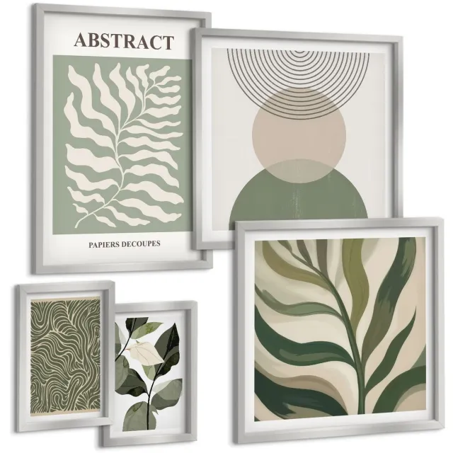 TULUP 4-Delige Schilderij Set - Abstracte composities met plantmotieven en -patronen - 50 x 50 cm, 20 x 30 cm en 40 x 60 cm - Wanddecoratie - Muurdecoratie - Moderne Interieurdecoratie Zilveren lijst